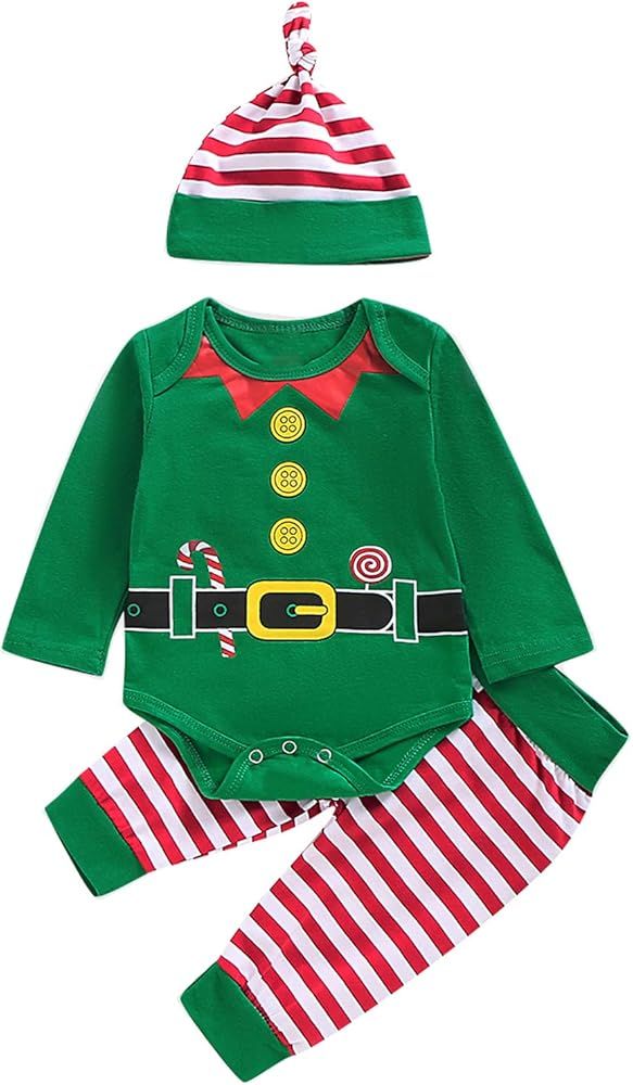 Happidoo 3PCS Baby Boy Girl Christmas Outfit Elf Long Sleeves Romper with Hat | Amazon (US)