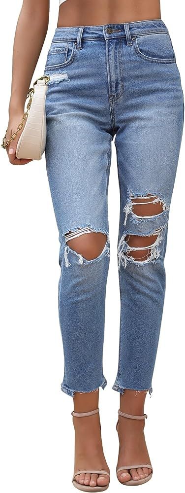 OFLUCK Women's Jeans Stretch Slim Fit High Rise Jeans for Women Tapered Jeans Destroyed Denim Pants | Amazon (US)