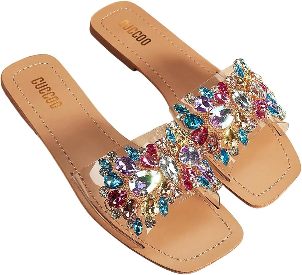 Verdusa Women's Rhinestone Clear Flat Sandals Square Toe Slides Sparkle Transparent Sandals | Amazon (US)