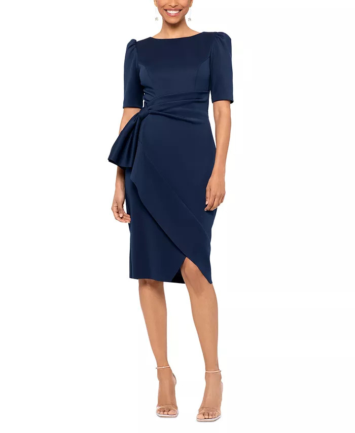 Women's Puff-Shoulder Scuba Faux-Wrap Dress | Macys (US)