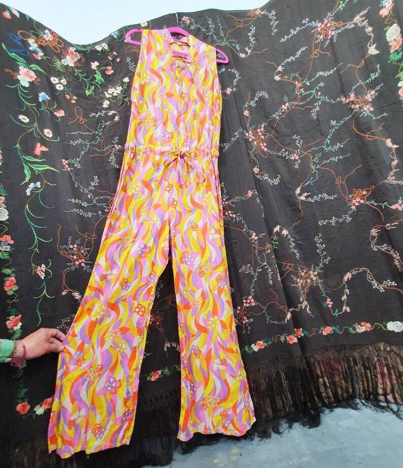 Fab 1960s psychedelic jumpsuit in a wonderful yellow orange pink lilac cream pattern | Etsy (US)