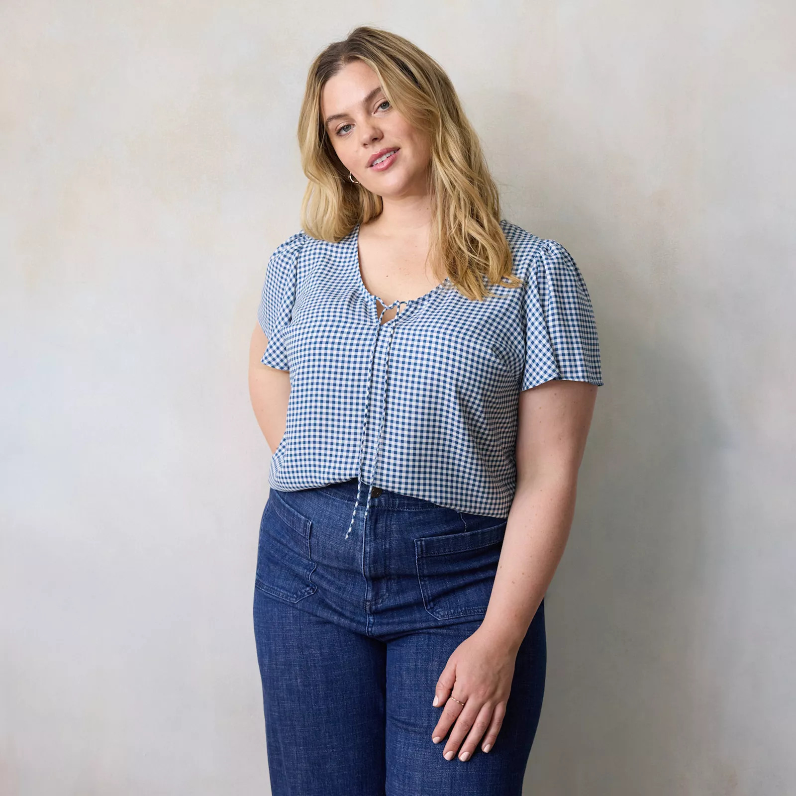 Plus Size LC Lauren Conrad Tie Key Hole Flutter Woven Short Sleeve V-Neck Blouse, Women's, Size: 3XL, Blue Lively Gingham | Kohl's
