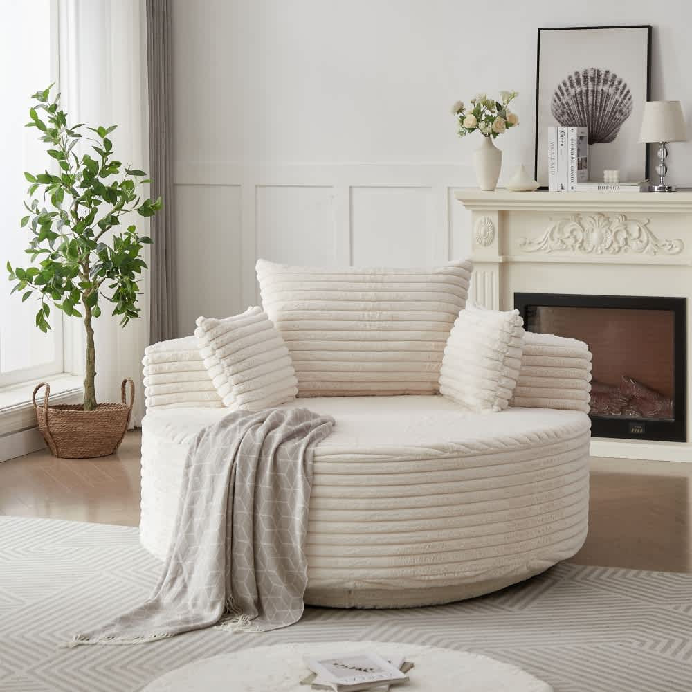 Coolbibila 55 Inch Modern Beige Corduroy 360 Degree Swivel Chair Round Barrel Sleeper Sofa with Headrest Pillow one_size in White | DARCY-SOFA-BEIGE | Lowe's