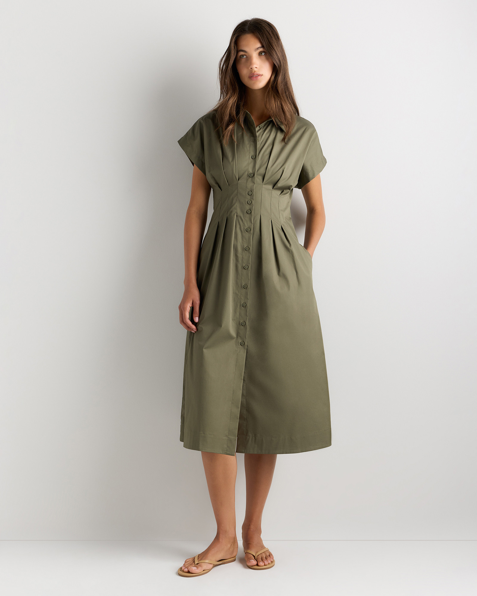 Women's Stretch Twill Pleated Midi Shirt Dress in Bayberry Olive | Quince