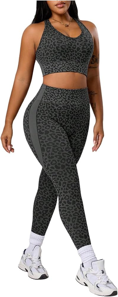 SOLY HUX Workout Sets for Women 2 Piece Plus Size Leopard Outfits Cheetah Print Crop Tops and Leg... | Amazon (US)