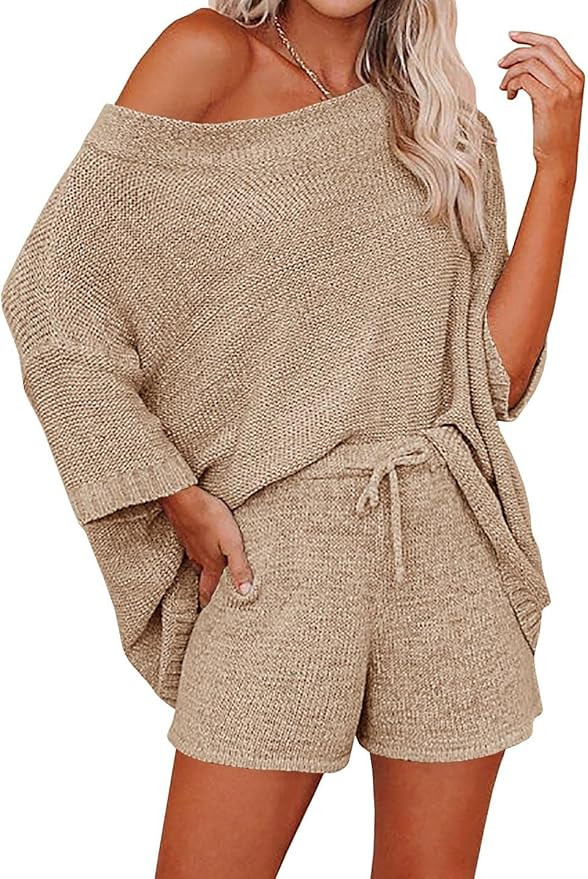 Ermonn Womens 2 Piece Outfits Sweater Sets Off Shoulder Knit Tops Waist Short Suits Casual Pajama... | Amazon (US)