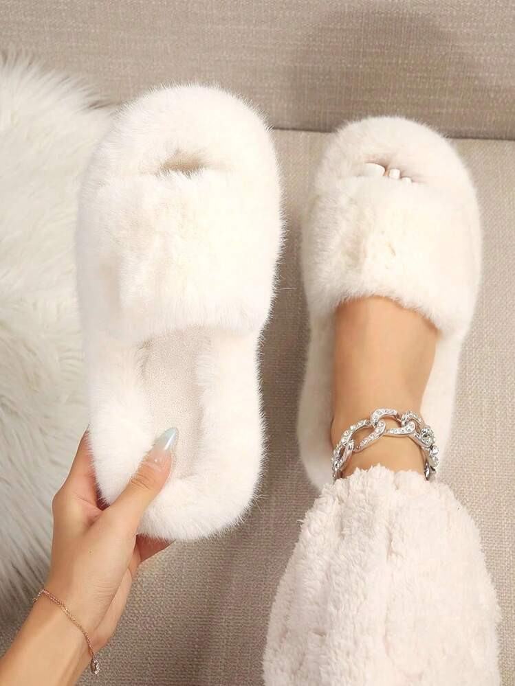 Women's Warm Faux Fur Fuzzy Slippers Platform Open Toe Slip On Fall Winter Soft Plush Indoor Hous... | SHEIN