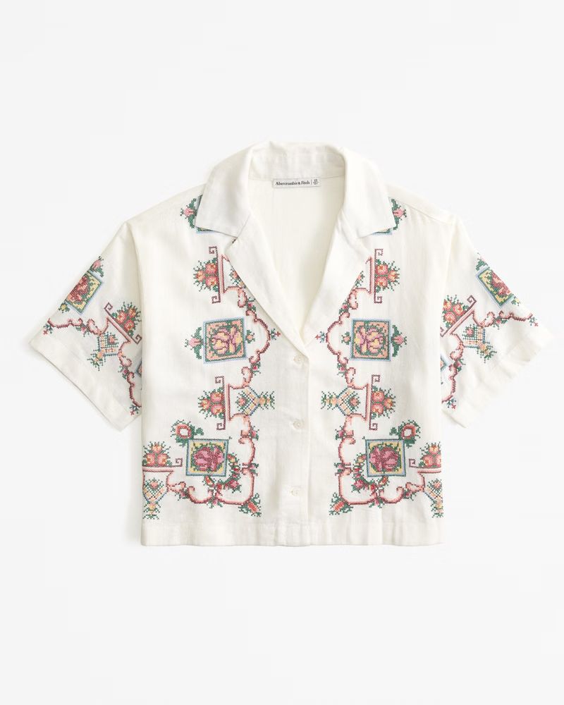 Short-Sleeve Linen-Blend Embroidered Shirt | Abercrombie & Fitch (US)
