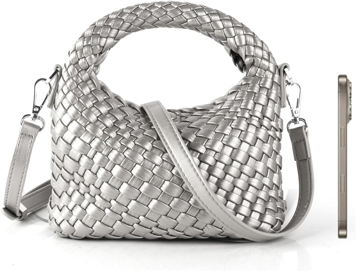 Woven Handbag For Women, Small Metallic Purse with Detachable Crossbody Strap, Girls Daily Top Ha... | Amazon (US)