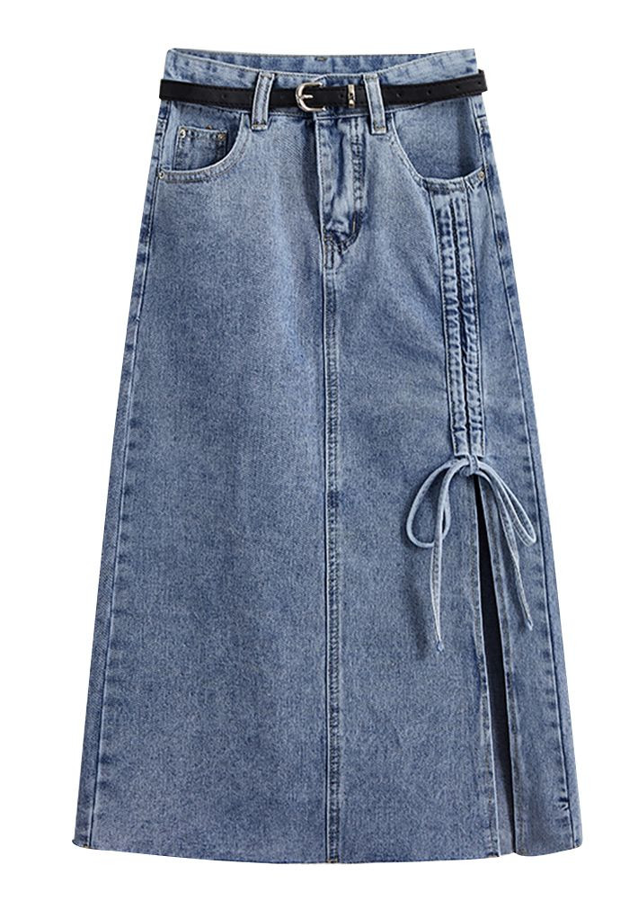 Drawstring Slit Side Denim Skirt | Chicwish