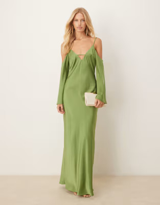 ASOS DESIGN satin long sleeve fallen shoulder cami midi dress in green | ASOS (Global)