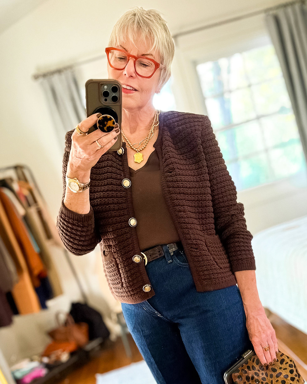 Chocolate-inspired tones are this season's hottest trend. Here are some of my favorites: textured cardigan, silk shell, and croc-effect belt! 

 #LTKSeasonal #LTKOver40 #LTKPetite