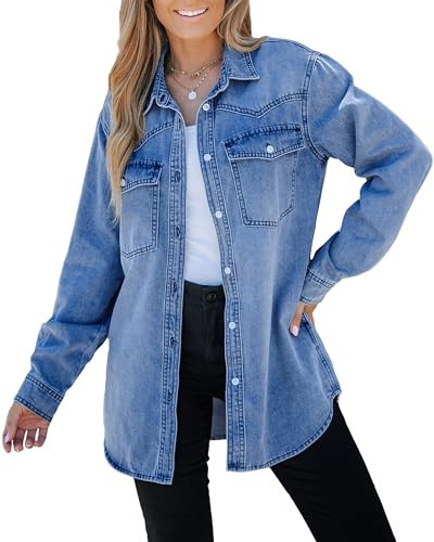 luvamia Long Denim Jacket for Women Lightweight Trendy Jean Button Down Shirts Jackets Oversized Shackets with Pockets Button Down Shirts for Women Long Jacket Midnight Blue Size 16 Size 18 | Amazon (US)