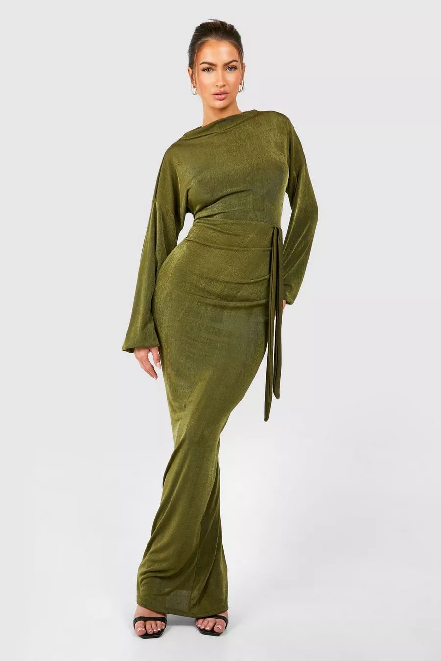 Textured Slinky Belted Maxi Dress | Boohoo.com (UK & IE)