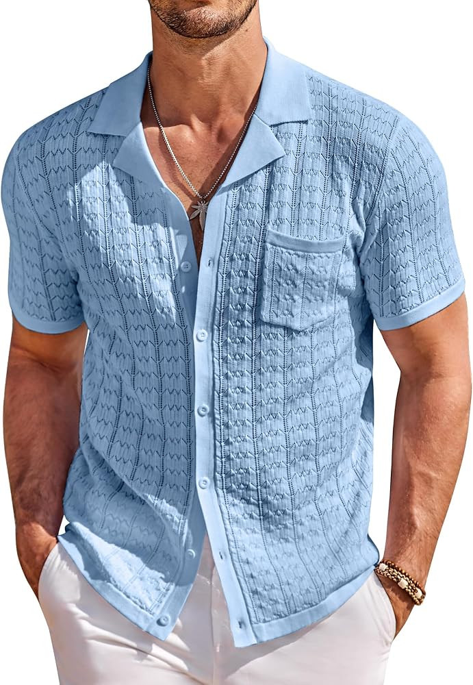 COOFANDY Men's Knit Button Down Shirt Short Sleeve Vintage Polo Shirts Summer Casual Beach Tops | Amazon (US)
