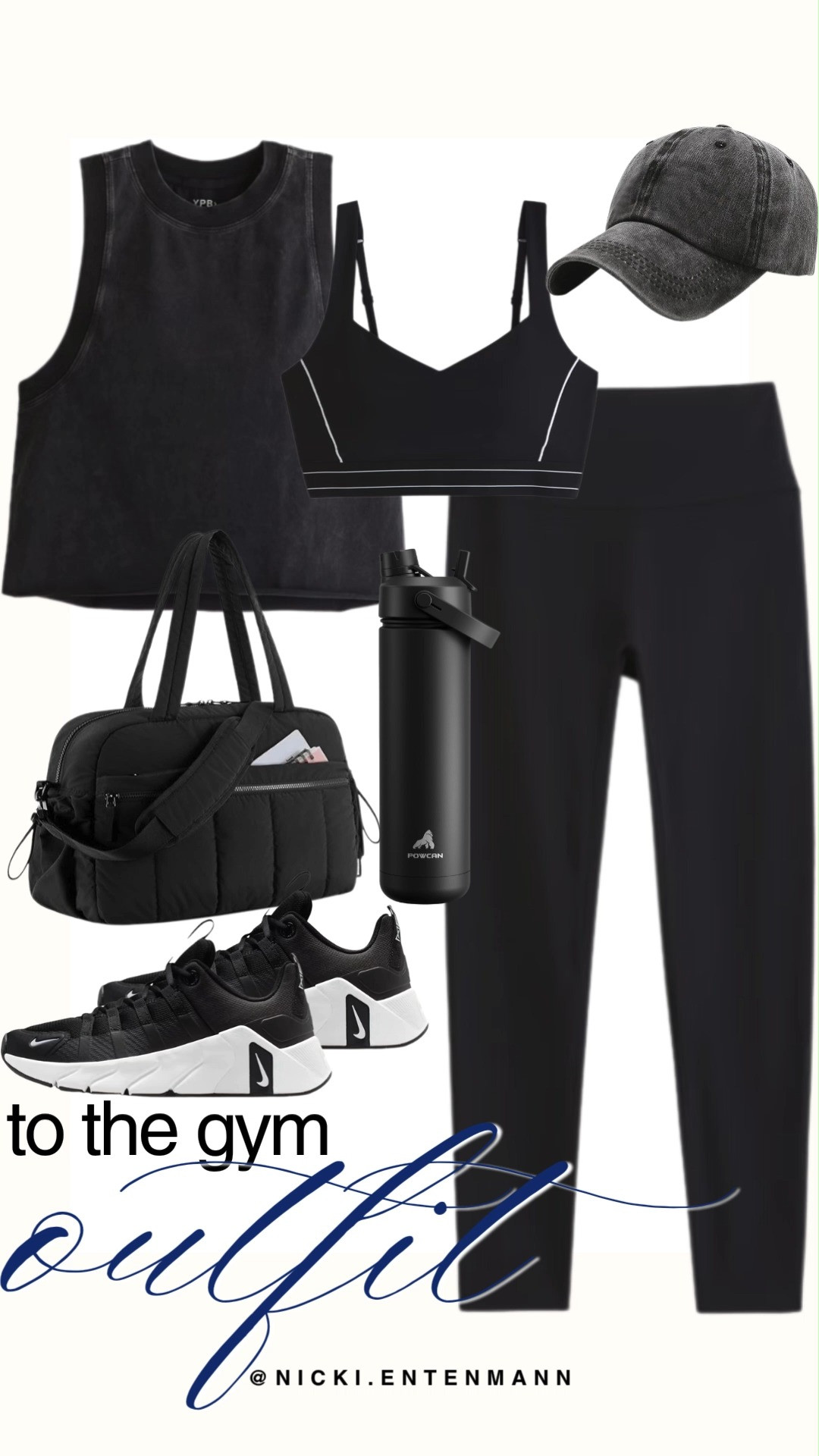 Nail sleek monochrome athleisure with this all-black gym outfit edit. A black YPB V-neck sports bra pairs with high-waisted leggings and a washed black cropped tank top. Matching black Nike trainers, a quilted gym tote, a matte water bottle, and a washed charcoal baseball cap complete this active fall look.

#tothegym #gymoutfit #activewear #ypb #athleisure #monochromestyle #fallfashion 

 #LTKootd #LTKfitnessgoals #LTKActive