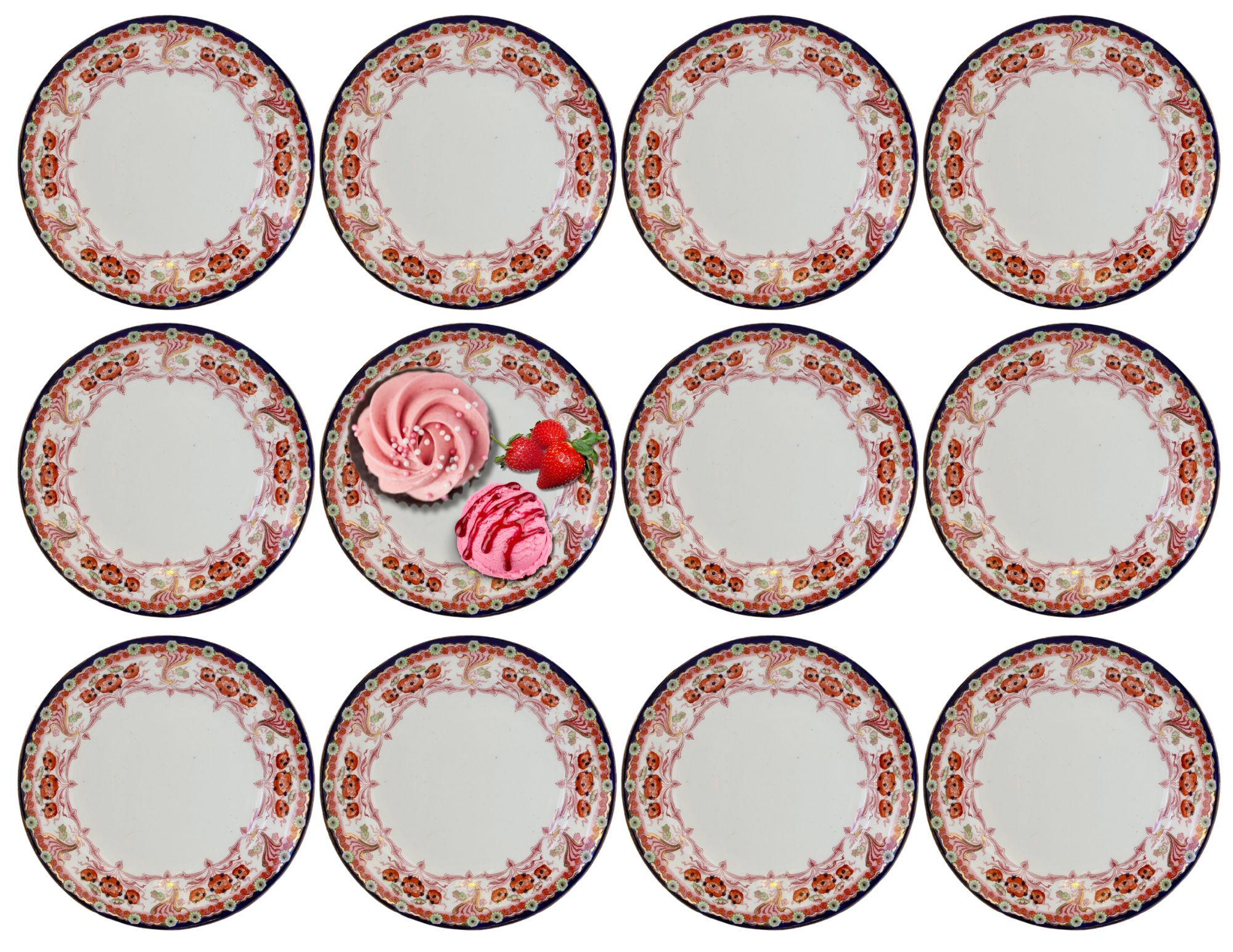 English Dessert Plates - Set of 12 - Rose Victoria - Red | One Kings Lane