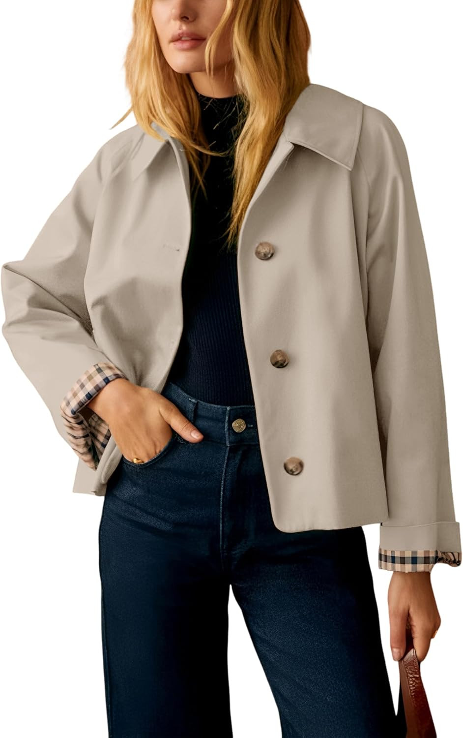 Dqbeng Womens Short Trench Jacket Plaid Lining Button Front Lightweight Classic Casual Outerwear with Pockets | Amazon (US)