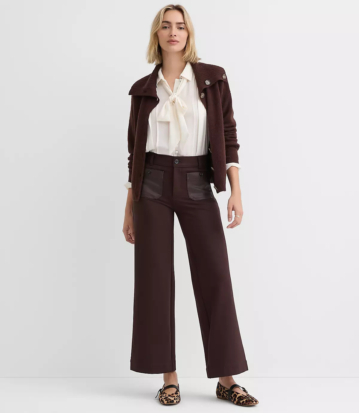 Petite Faux Leather Pocket Palmer Wide Leg Pants in Ponte | LOFT