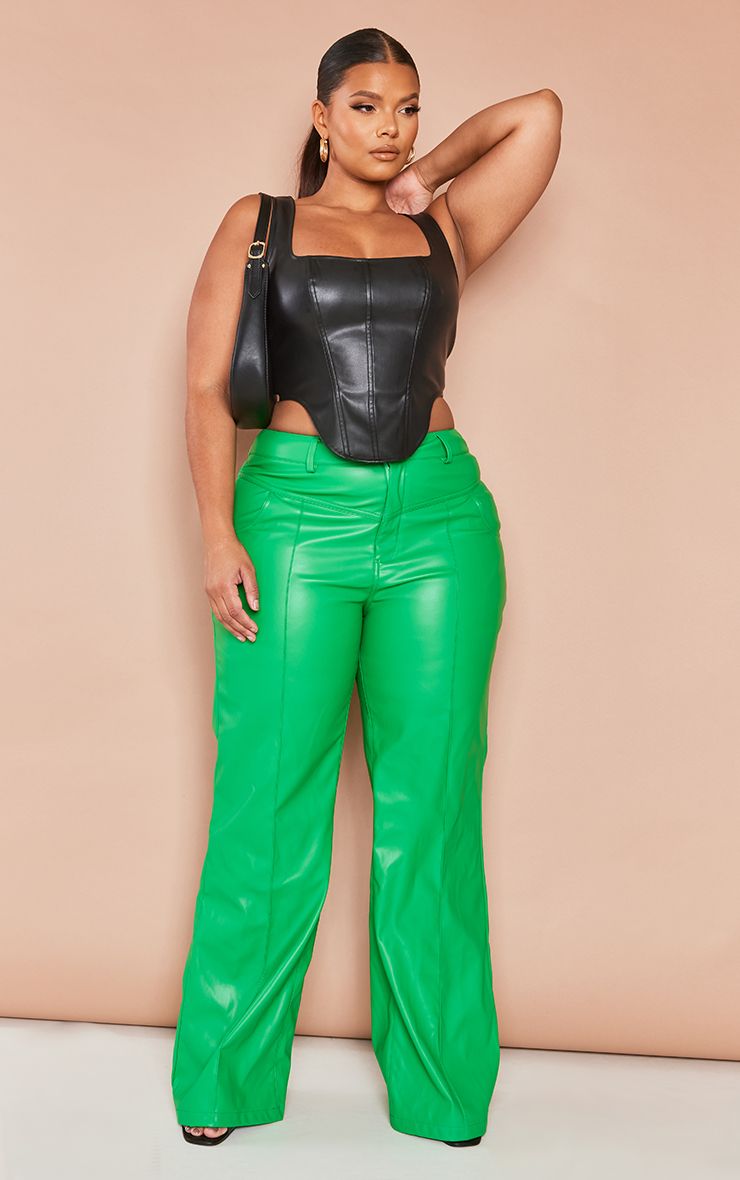 Plus Bright Green Faux Leather Seam Detail Wide Leg Pants | PrettyLittleThing US