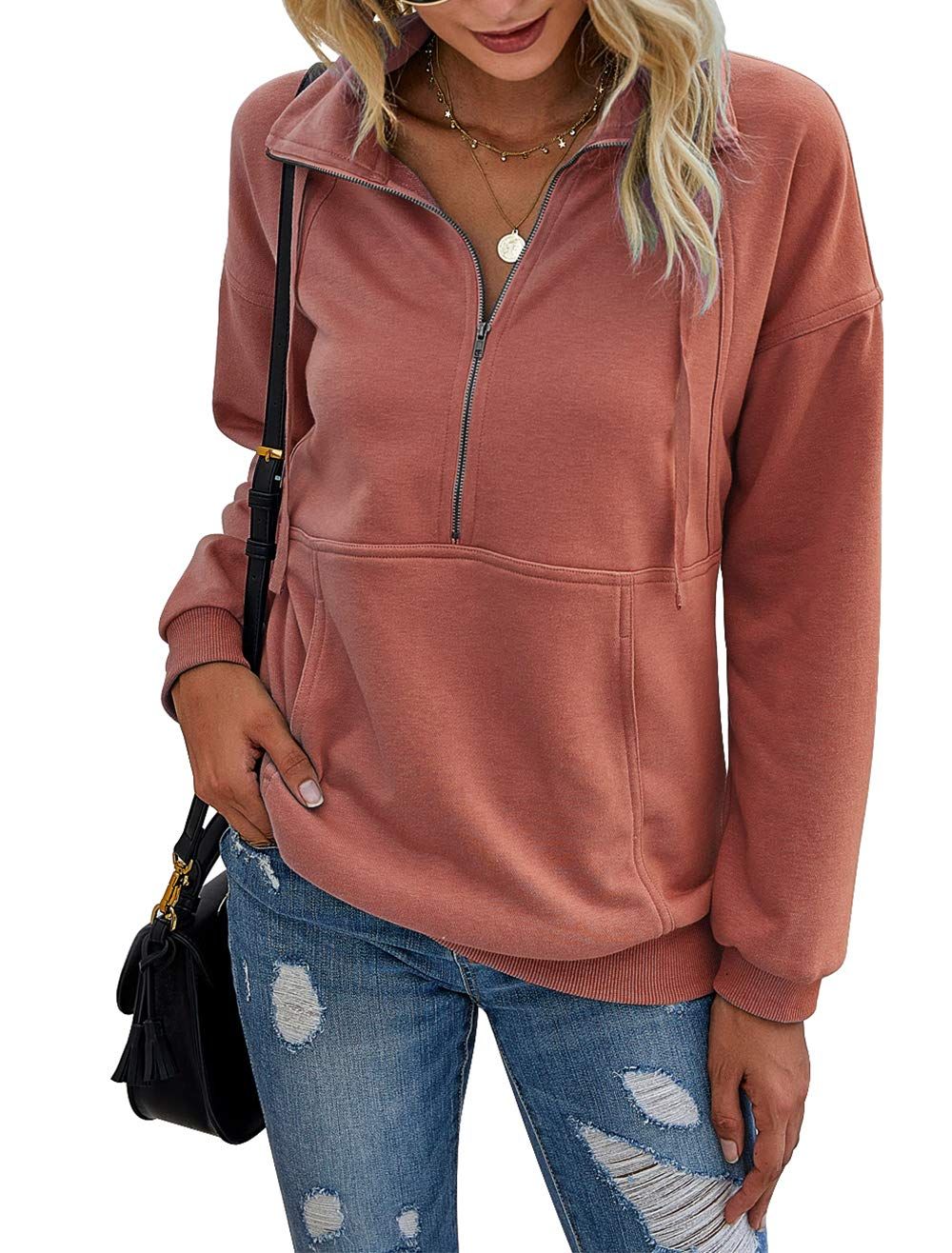 PRETTYGARDEN Women’s Casual Long Sleeve Lapel Zipper Sweatshirt Drawstring Loose Pullover Tops | Amazon (US)