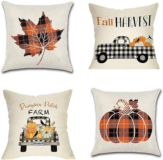 PSDWETS Fall Decor Pumpkin Maple Leaf Pillow Covers Set of 4 Autumn Theme Fall Harvest Pumpkins T... | Amazon (US)