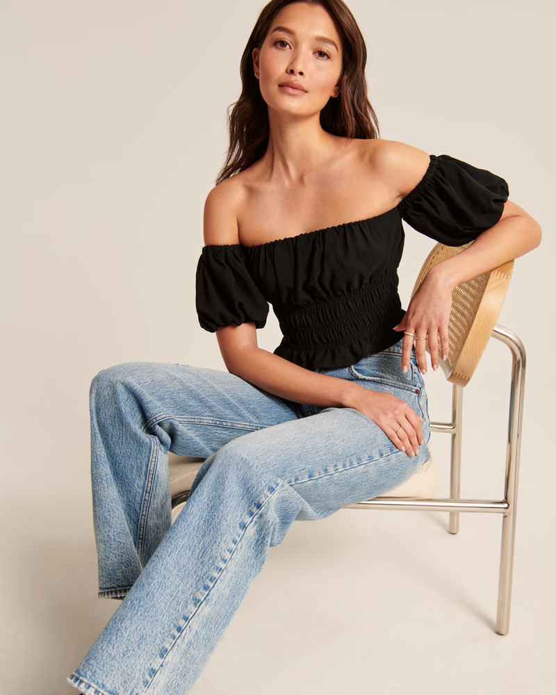 Women's Off-The-Shoulder Smocked Puff Sleeve Top | Women's Tops | Abercrombie.com | Abercrombie & Fitch (US)