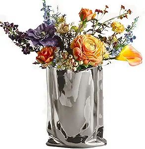 BLOFLO Silver Ceramic Modern Vase Crinkle Fold Paper Bag Handmade Ceramic Vase, Creative Flower A... | Amazon (US)