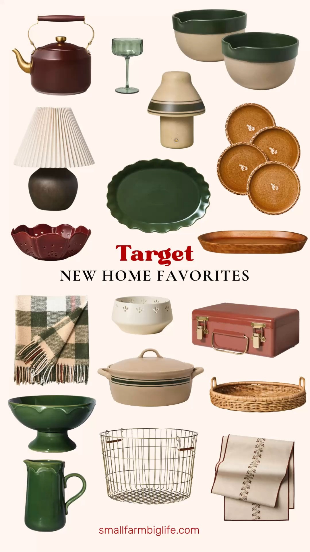 More new Target home finds just dropped and they are perfect for cozy fall styling. My LTK has all of these linked and ready to shop for an easy seasonal update.
For the kitchen and dining table, I am loving the green striped stoneware bakeware, the green and cream ceramic mixing bowls, the gold pinched edge stoneware appetizer plates, the green pedestal bowl, the burgundy large berry bowl, and the burgundy large teapot. The green coupe glasses and the stoneware seasonal pitcher round out the table setting beautifully, and the cream stitched table runner ties it all together.
For lighting and decor, the mini portable ceramic table lamp and the dark wood pleated shade table lamp are both such pretty accent pieces. The round brass wire storage basket, the rattan decorative tray, the carved wood decorative tray, and the burgundy metal box with brass hardware are perfect for styling shelves and coffee tables. I am also loving the green and brown plaid throw blanket and the smoke apple cider candle for cozy fall ambiance.
Shop all of my new Target home favorites linked in this post to get your home ready for the season. 

 #LTKHome