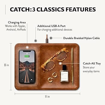 Courant Catch:3 Classics - Italian Leather Wireless Charging Station and Valet Tray (Saddle) - Qi... | Amazon (US)