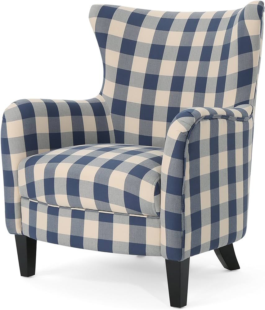 Christopher Knight Home Oliver Farmhouse Armchair, Checkerboard, Polyester and Birch Wood, Blue F... | Amazon (US)