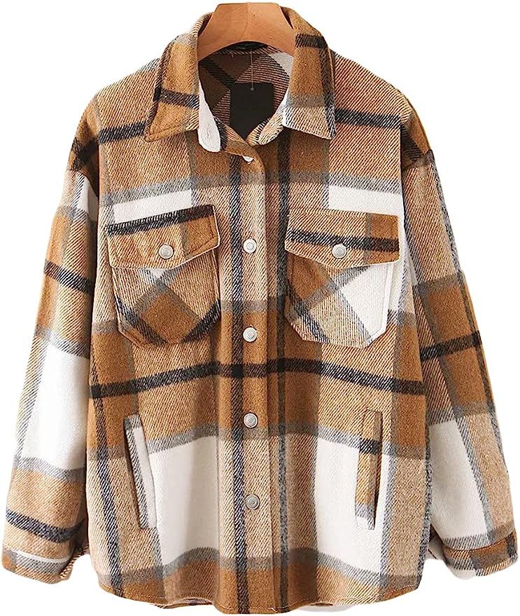 Lviefent Womens Casual Wool Blend Plaid Flannel Shackets Jacket Button Down Shirt Coat | Amazon (US)