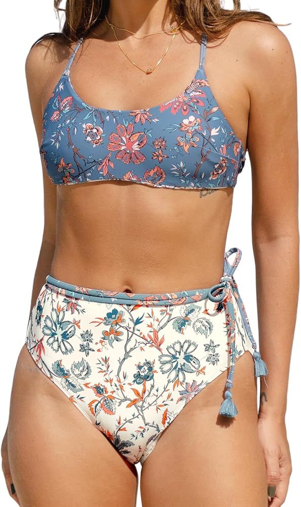 CUPSHE Women's Bikini Set Two Piece Swimsuits High Waisted Scoop Neck Crisscross Back Self Tie Re... | Amazon (US)