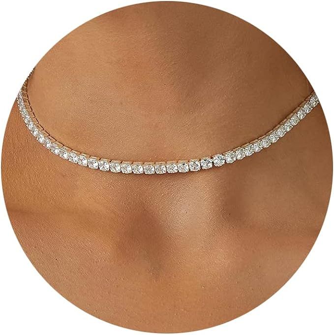 Tewiky Tennis Necklace 14K Gold Plated/Silver Sparking Rhinestone Choker Necklaces Dainty Crystal... | Amazon (US)