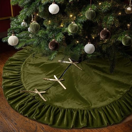 Vertintong 48 Inches Velvet Christmas Tree Skirt Olive Green with Gold Bow Fur Plush Tree Skirt Luxury Xmas Skirts for Merry Christmas Party Vintage Holiday Decorations | Amazon (US)