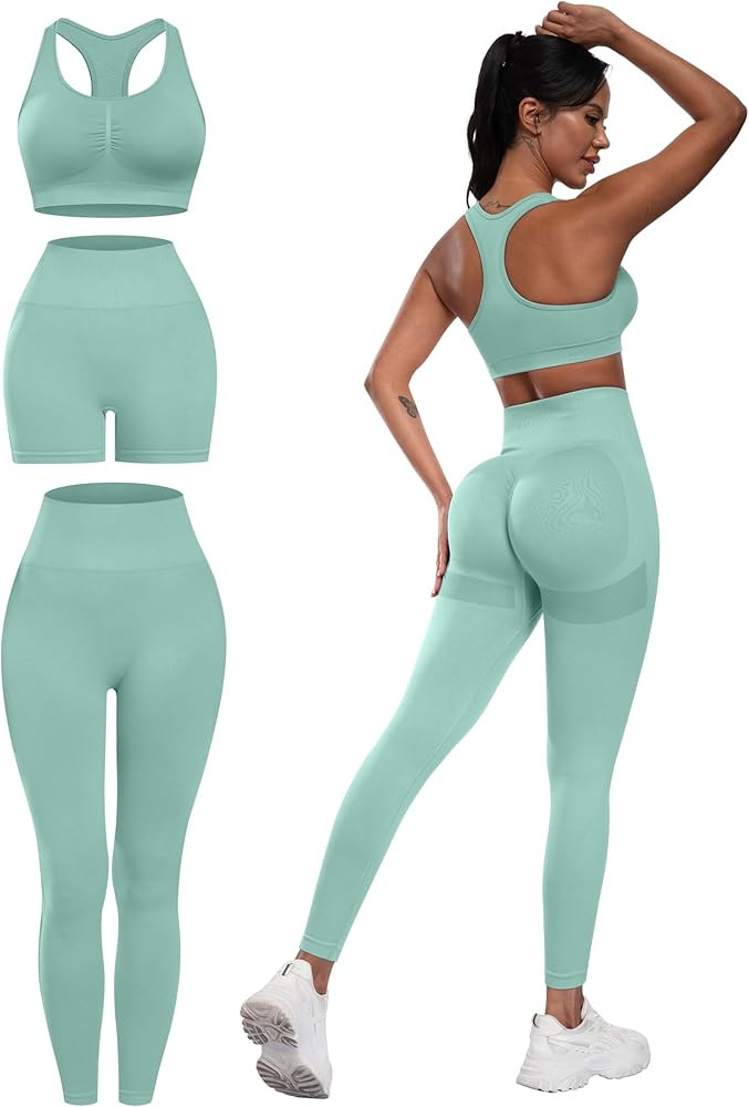 3 Piece Workout Sets for Women Butt Lifting Leggings with High Impact Sports Bra Gym Shorts | Amazon (US)