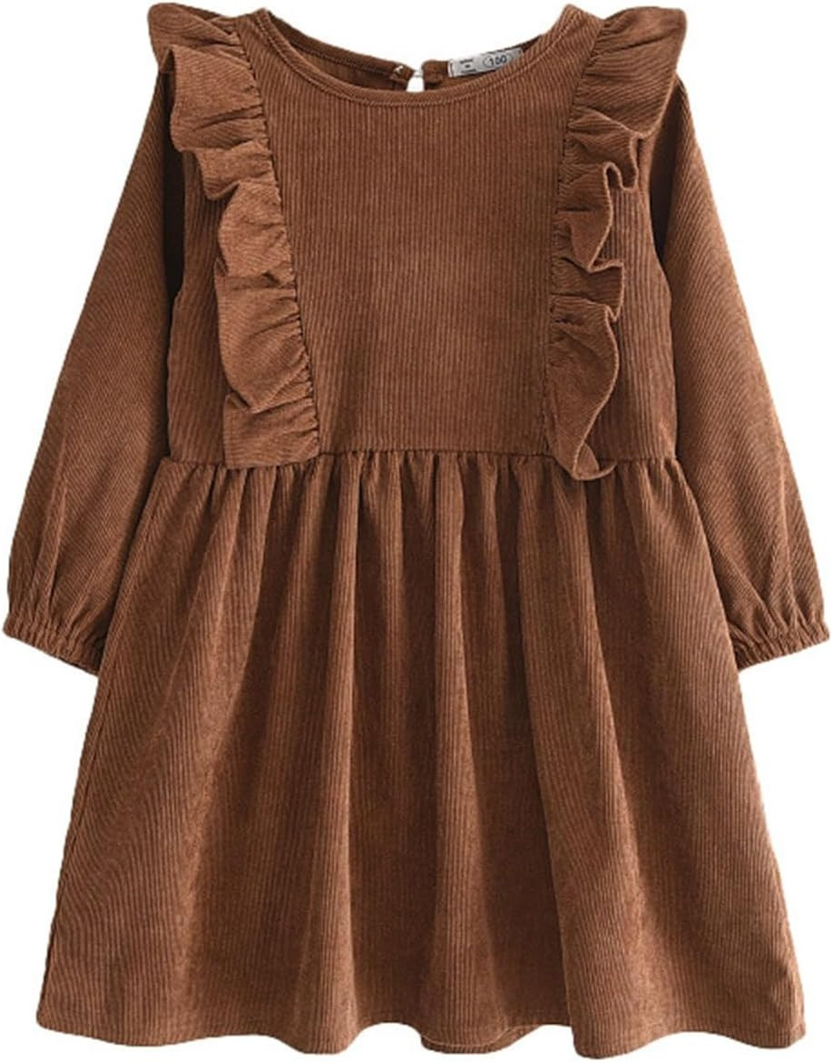 Toddler Baby Girl Cotton Linen Long Sleeve Ruffle Dress Kids Casual A-line Solid Corduroy Swing Fall Tie Lace Dress | Amazon (US)