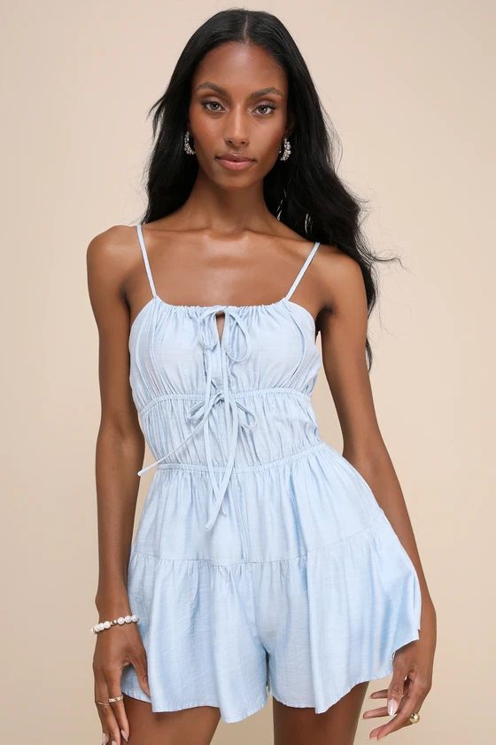 Flirty Cuteness Light Blue Tiered Sleeveless Bow Romper | Lulus