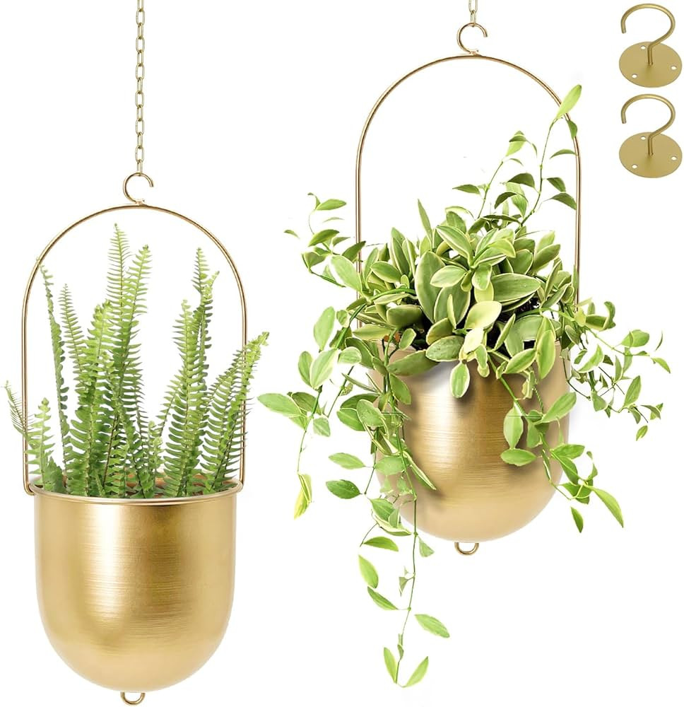 AceList Boho Hanging Planter, Set of 2 Gold Metal Plant Hanger with Hooks and Chains, Modern Wall... | Amazon (US)
