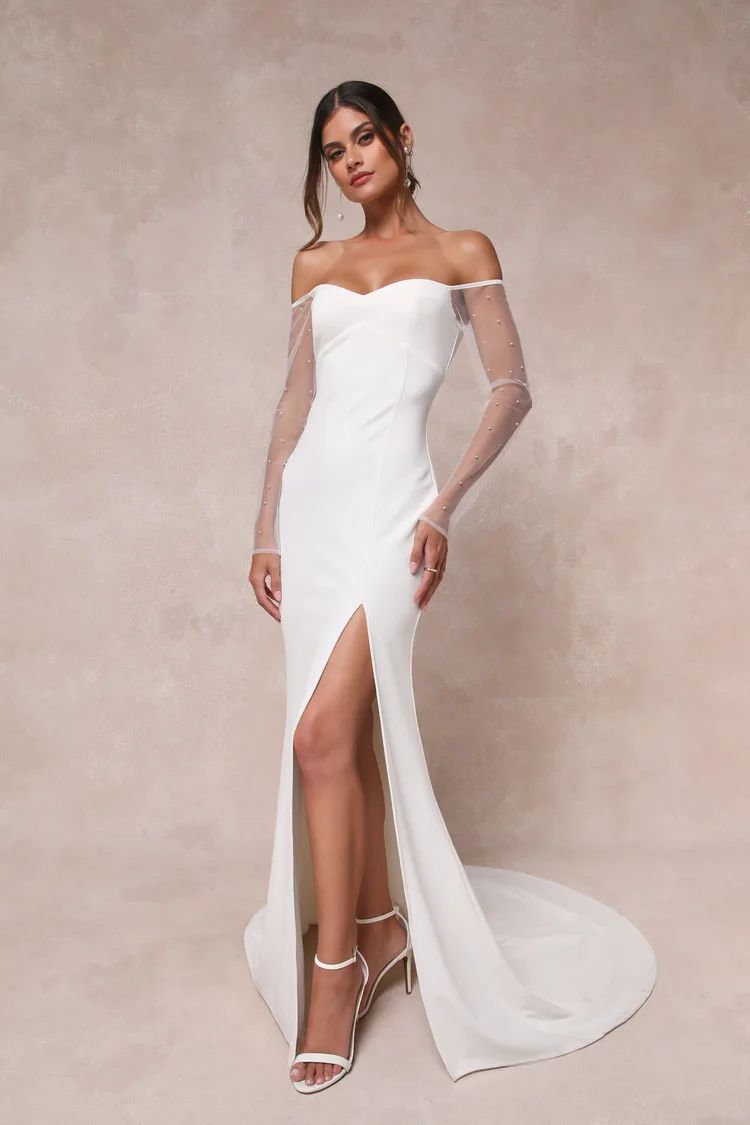 Eternally Beloved White Mesh Off-the-Shoulder Pearl Maxi Dress | Lulus