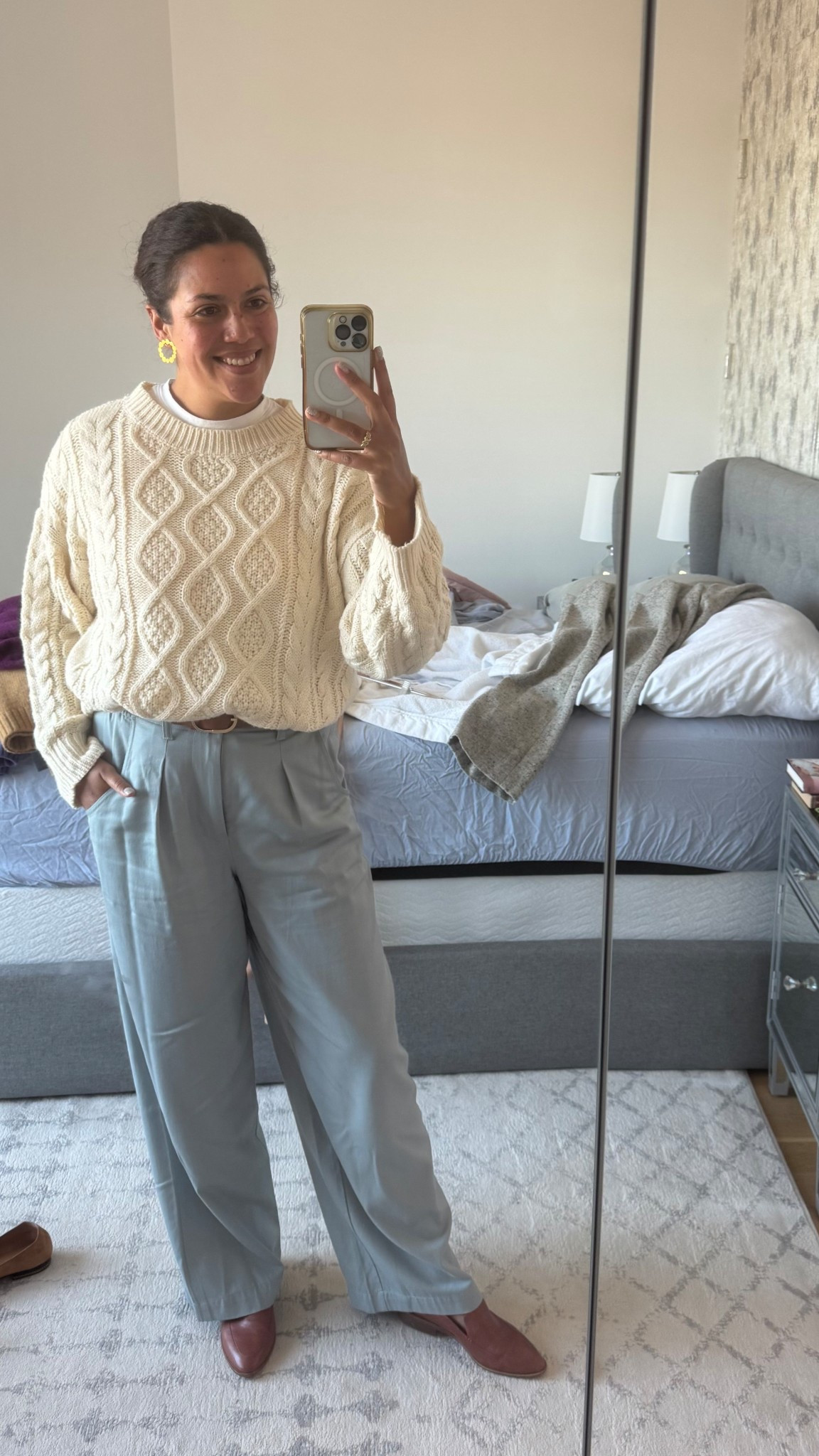 A spring office outfit when it hasn’t quite gotten warm yet! I paired an oversized cream sweater with wide leg trousers from Abercrombie and Madewell tan loafers 

#LTKStyleTip #LTKMidsize #LTKWorkwear