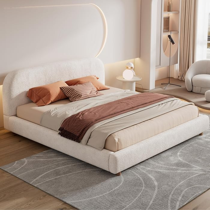 Merax King Size Teddy Fleece Thick Fabric Upholstered Platform Bed with Curved Shaped Headboard, ... | Amazon (US)