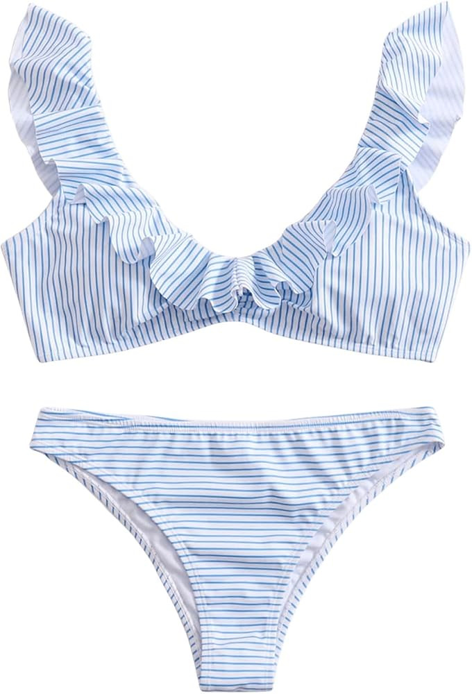 GORGLITTER Women's 2 Piece Striped Ruffle Bikini Set Tie Back High Cut Thong Swimsuits | Amazon (US)