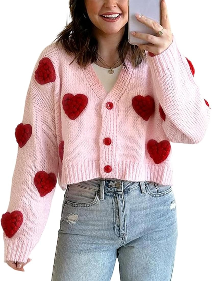 Womens Valentine's Day Cardigan Sweaters 3D Heart Cropped Cardigan Button Down Knitted Kawaii Swe... | Amazon (US)