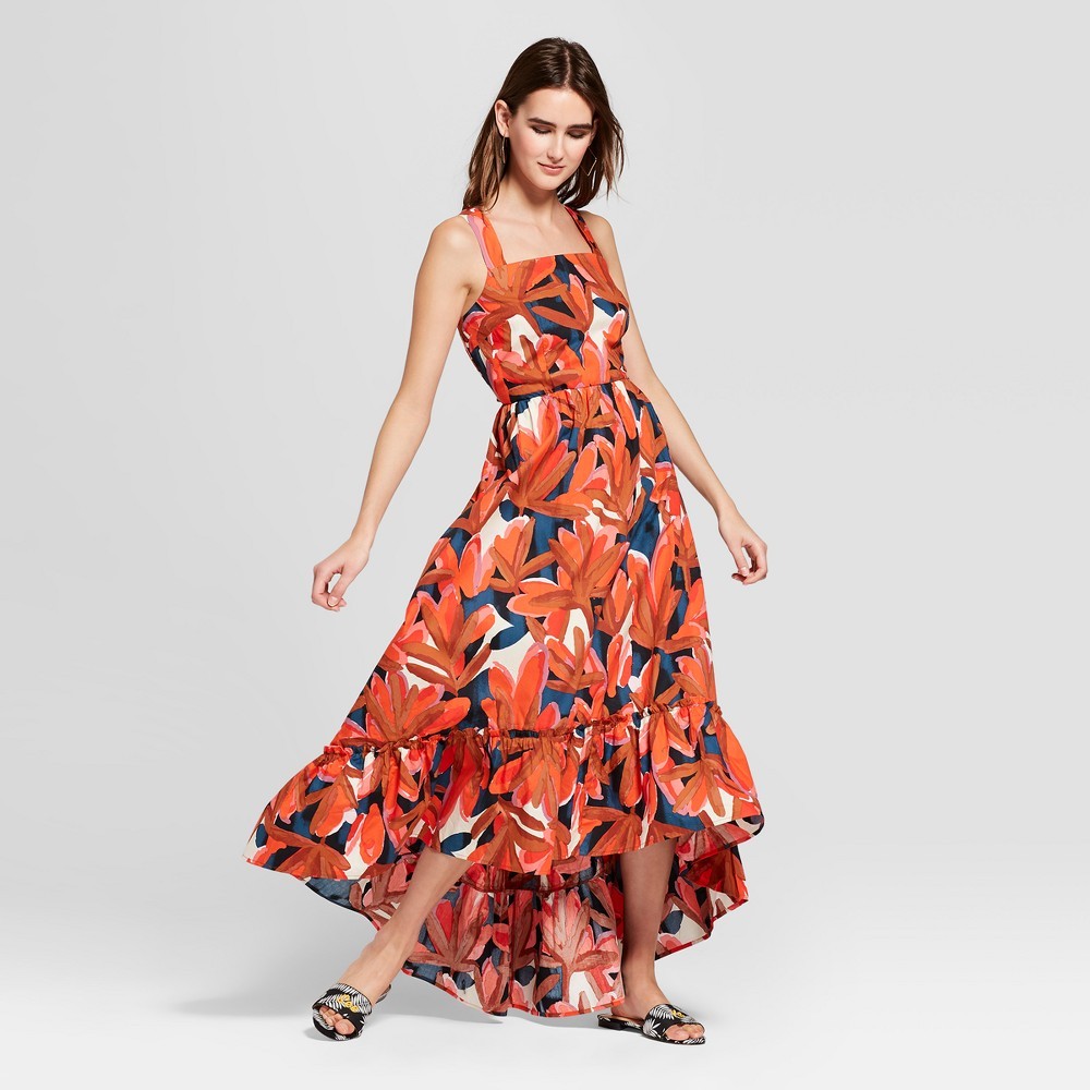 Women's Tropical Print Sleeveless Ruffle Hem Maxi Tank Dress - Who What Wear Orange/Blue XS, Orange/Blue Tropical Print | Target