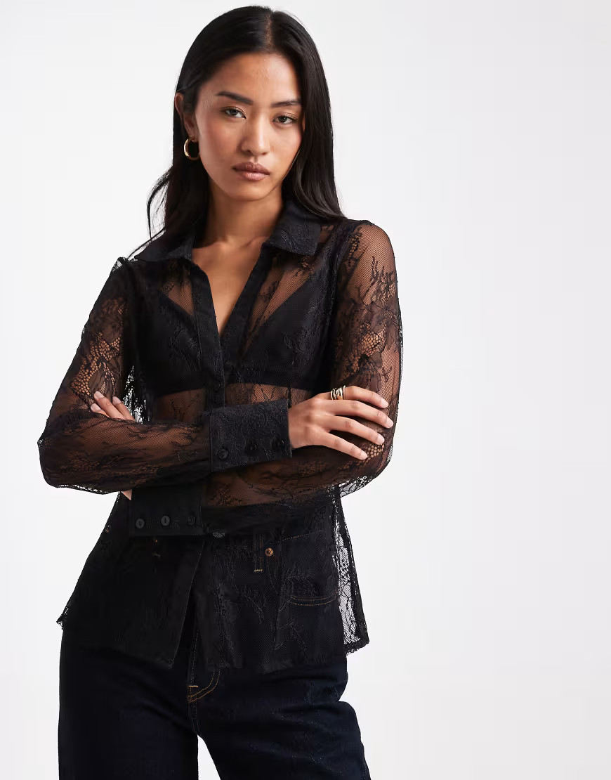 Miss Selfridge lace fitted shirt in black | ASOS (Global)