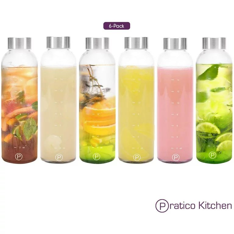 Pratico Kitchen 18 oz Leak-Proof Glass Bottles with Stainless Steel Caps, 6 Pack | Walmart (US)