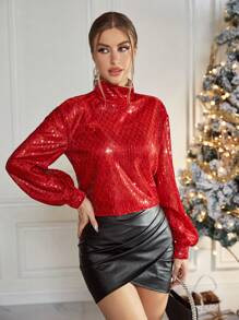 SHEIN Privé Mock Neck Lantern Sleeve Sequin Top | SHEIN