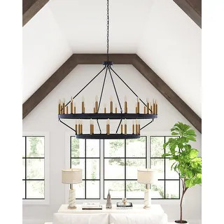 48" Black 36-Light Wagon Wheel Gold Candle Style Industrial 2-Tier Round Chandelier | Bed Bath & Beyond