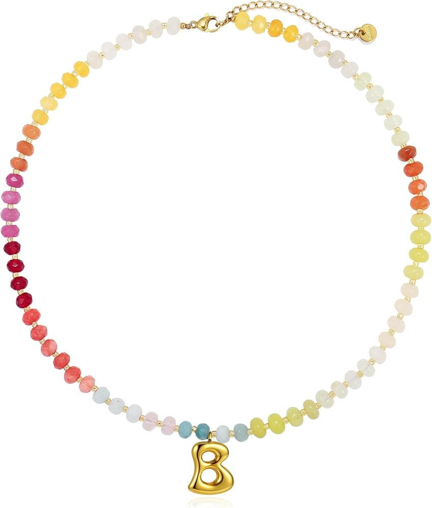 Badu Initial A-Z Colorful Beaded Gemstone Necklaces for Women 14K Gold Letter Pendant Necklace Na... | Amazon (US)